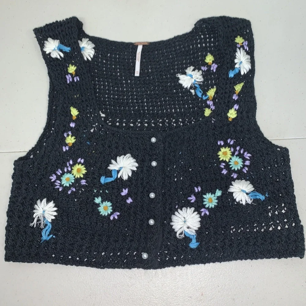 Free People Womens CS‎  Embroidered Crochet Wildflowers Cardi Tank Top Boho